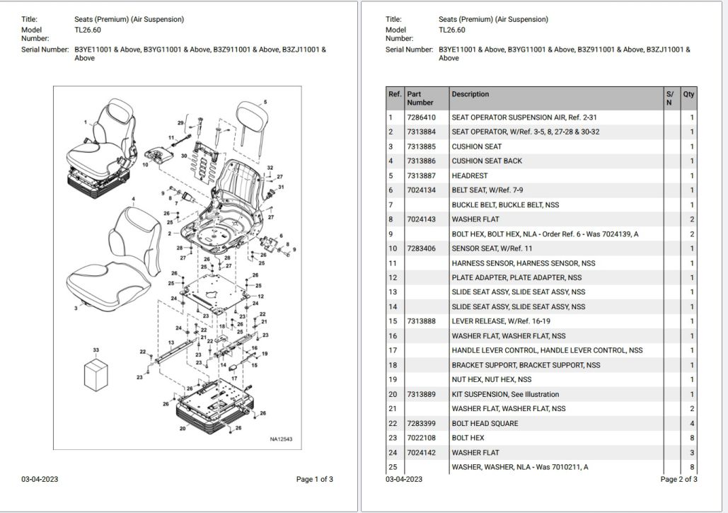 Bobcat TL26.60 B3YE11001 & Above Parts Catalog PDF