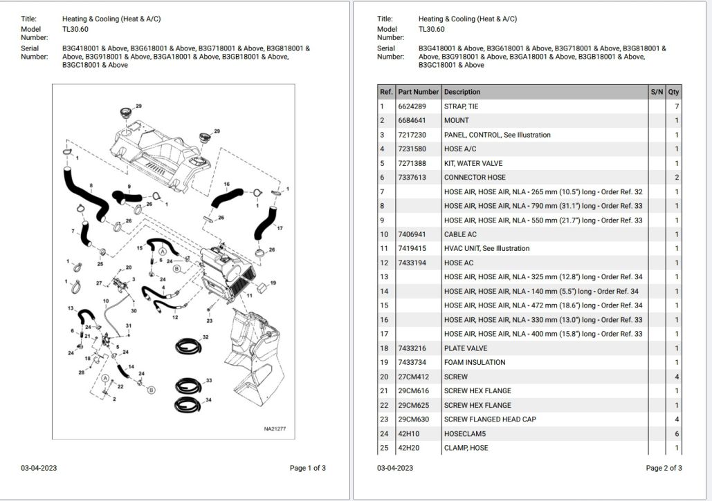 Bobcat TL30.60 B3G418001 & Above Parts Catalog PDF
