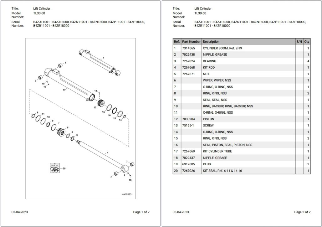 Bobcat TL30.60 B4ZJ11001 – B4ZR18000 Parts Catalog PDF