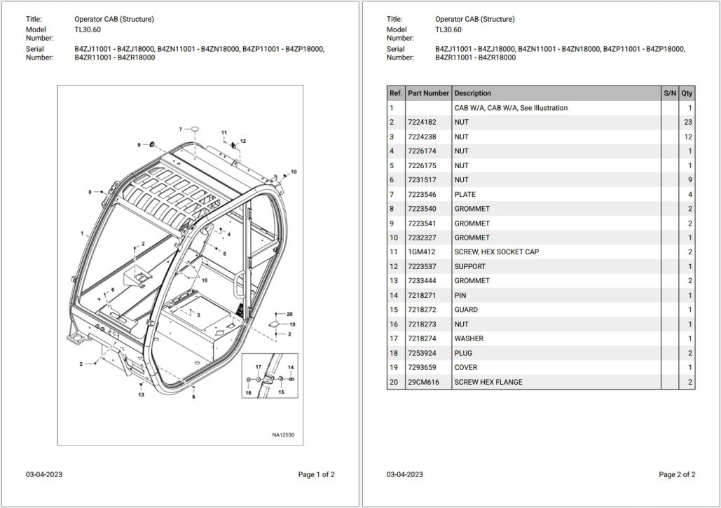 Bobcat TL30.60 B4ZJ18001 & Above Parts Catalog PDF
