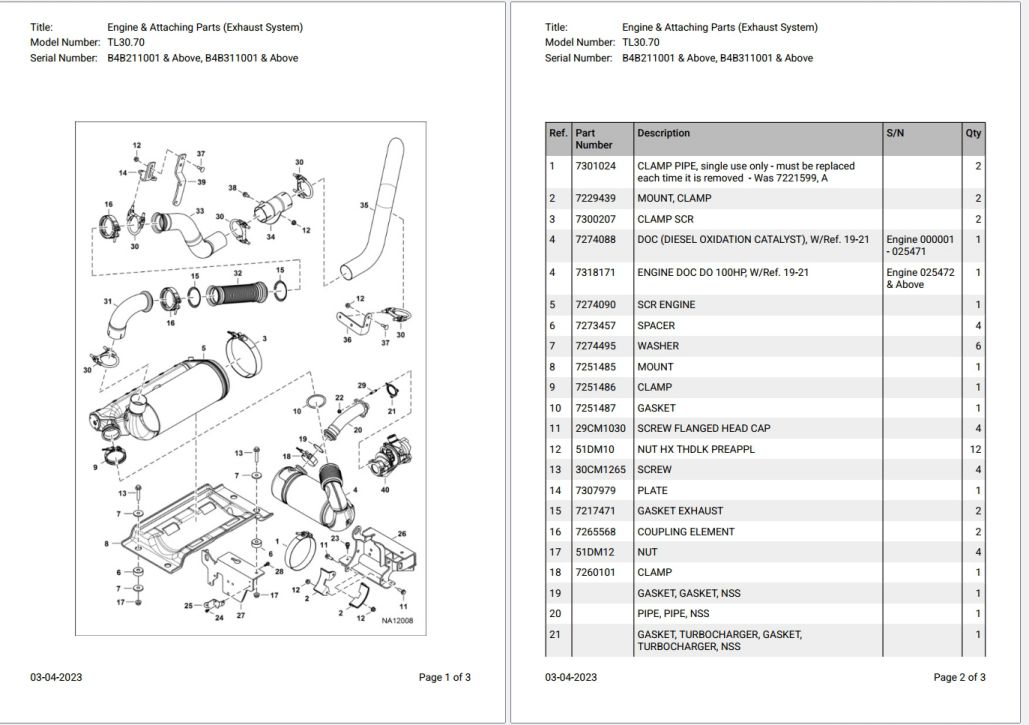 Bobcat TL30.70 B4B211001 & Above, B4B311001 & Above Parts Catalog PDF