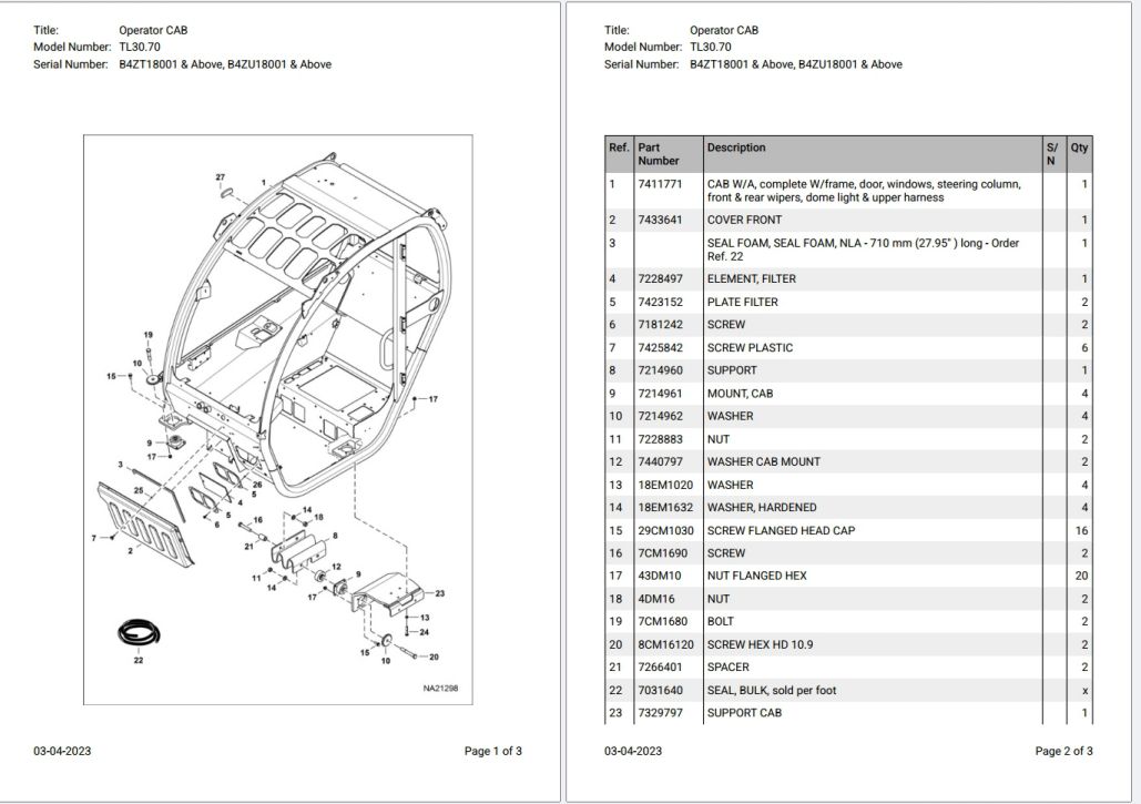 Bobcat TL30.70 B4ZT18001 & Above, B4ZU18001 & Above Parts Catalog PDF