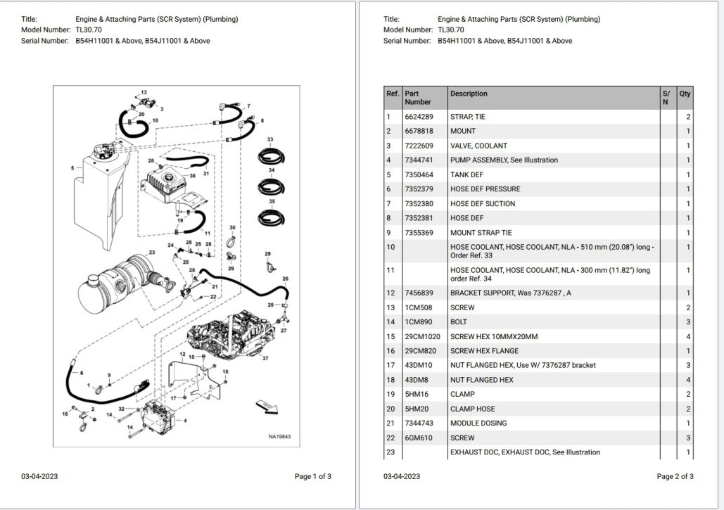 Bobcat TL30.70 B54H11001 & Above, B54 J11001 & Above Parts Catalog PDF