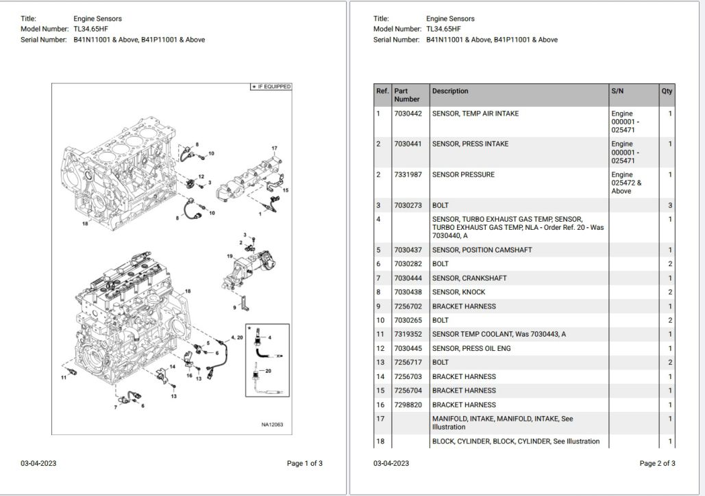 Bobcat TL34.65HF B41N11001 & Above, B41P11001 & Above Parts Catalog PDF