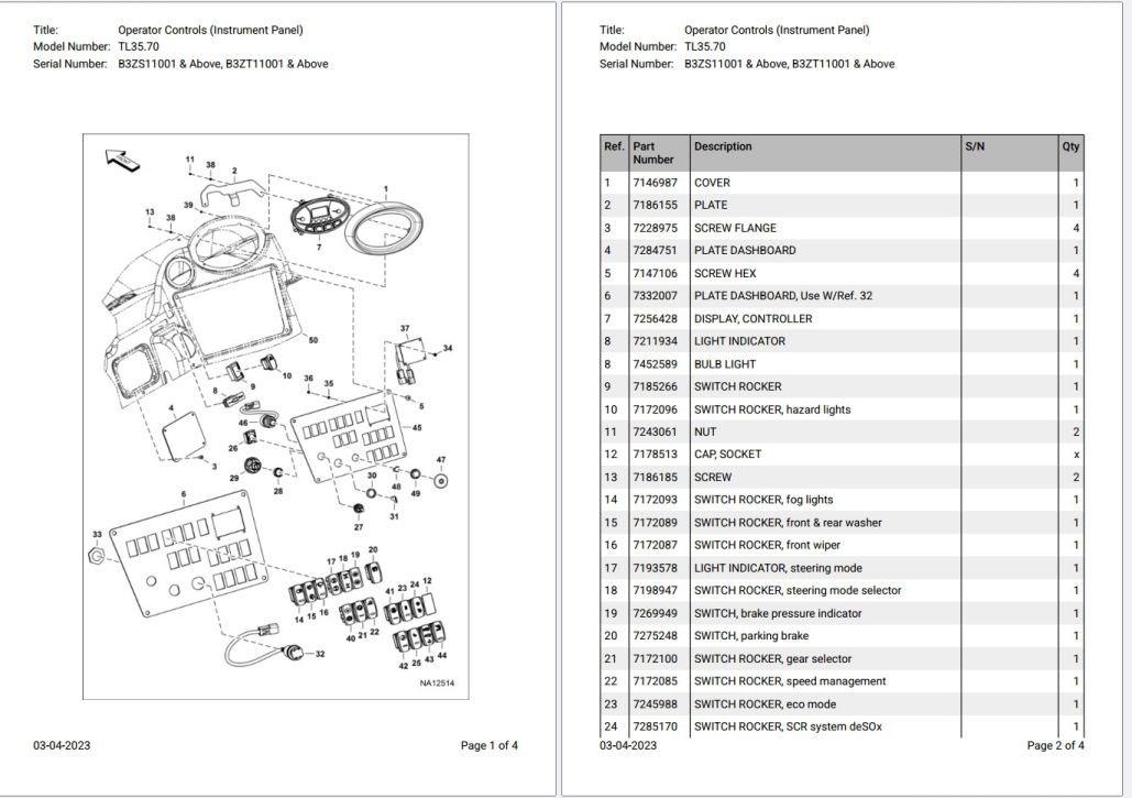 Bobcat TL35.70 B3ZS11001 & Above, B3ZT11001 & Above Parts Catalog PDF