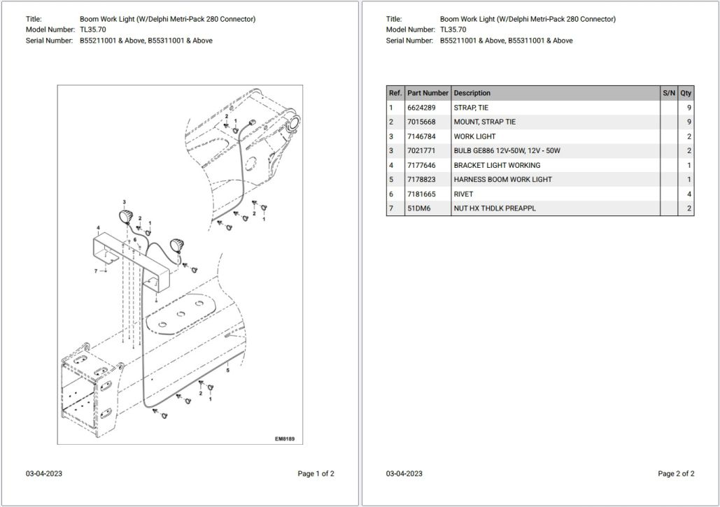 Bobcat TL35.70 B55211001 & Above, B55311001 & Above Parts Catalog PDF