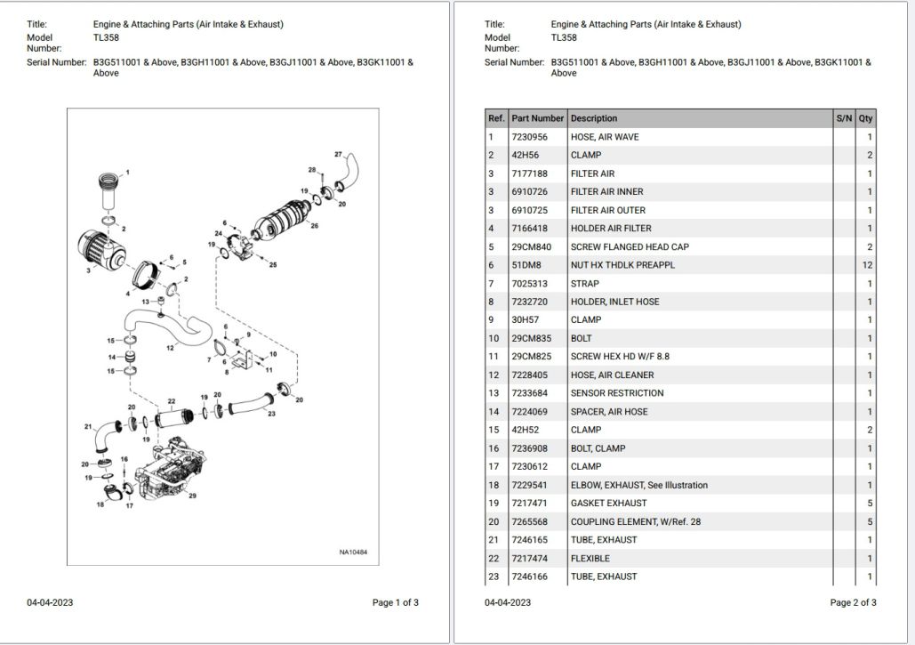 Bobcat TL358 B3G4411001 – B3GC13999 Parts Catalog PDF