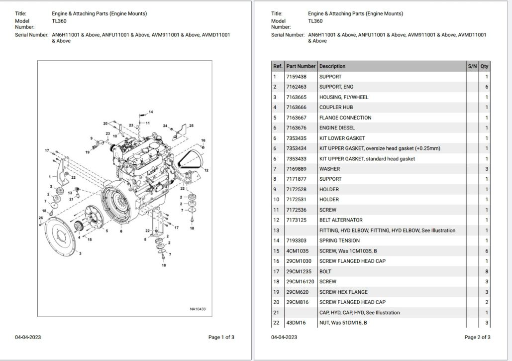 Bobcat TL360 AN6H11001 & Above Parts Catalog PDF
