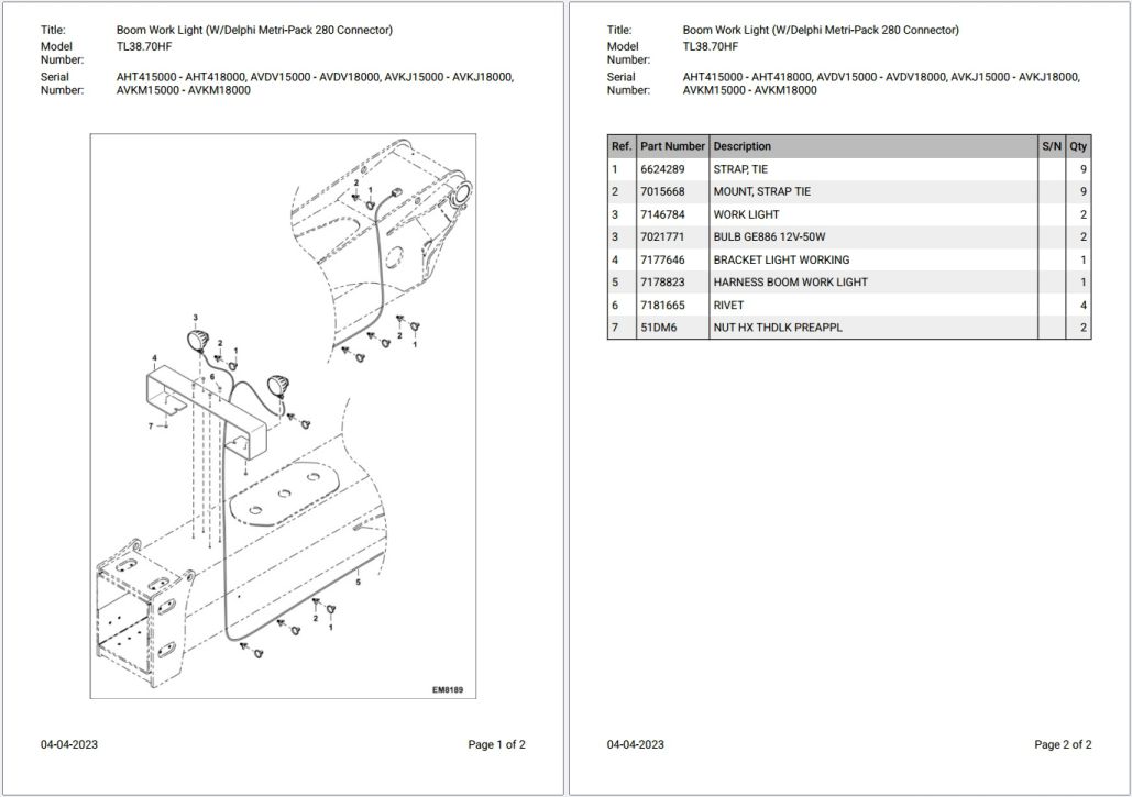 Bobcat TL38.70HF AHT415000 – AVKM18000 Parts Catalog PDF