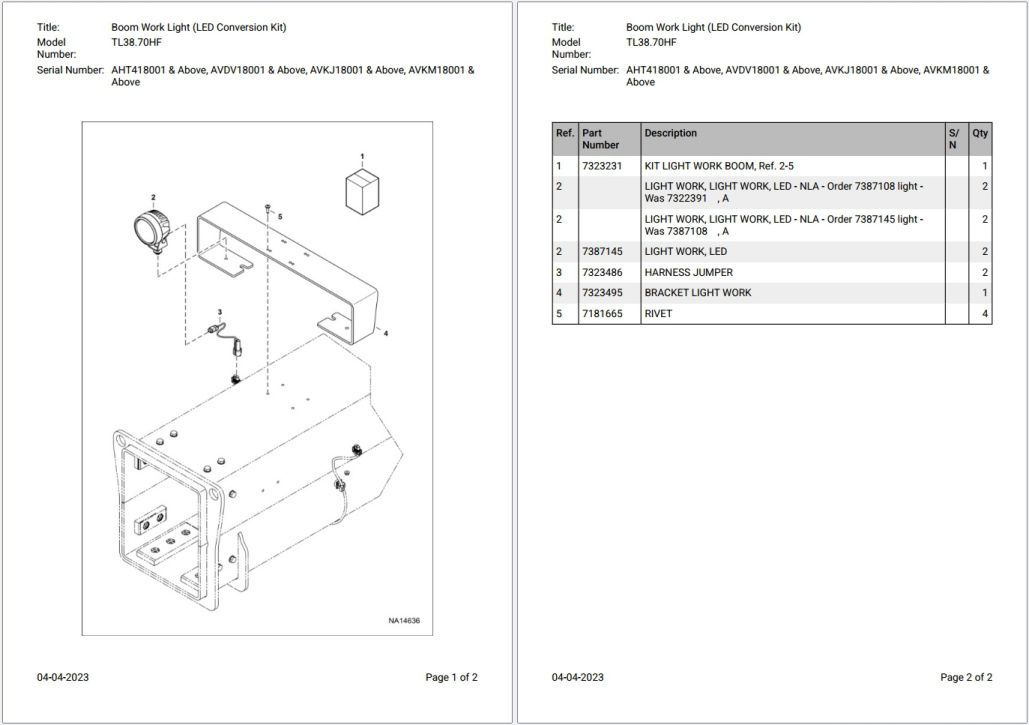 Bobcat TL38.70HF AHT418001 & Above Parts Catalog PDF