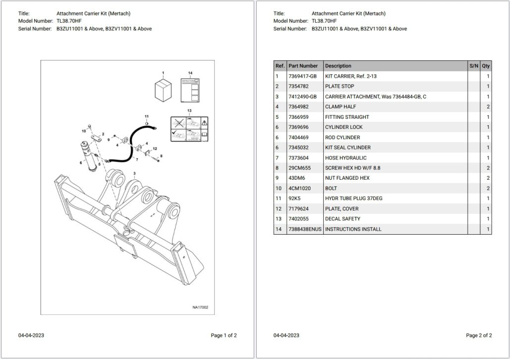 Bobcat TL38.70HF B3ZU11001 & Above, B3ZV11001 & Above Parts Catalog PDF