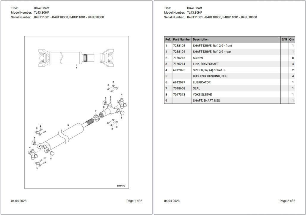 Bobcat TL43.80HF B4BT11001 – B4BU18000 Parts Catalog PDF