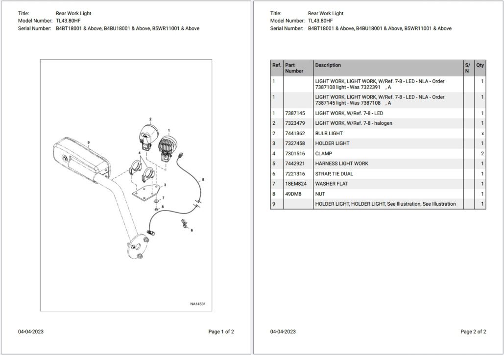 Bobcat TL43.80HF B4BT18001 & Above Parts Catalog PDF