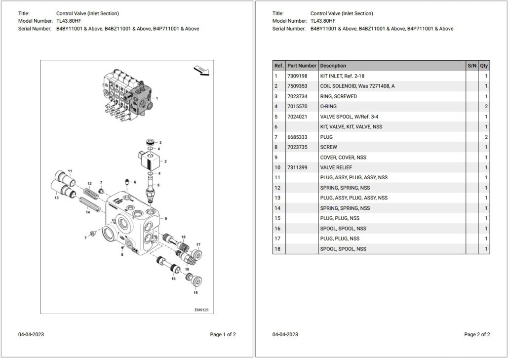 Bobcat TL43.80HF B4BY11001 & Above Parts Catalog PDF