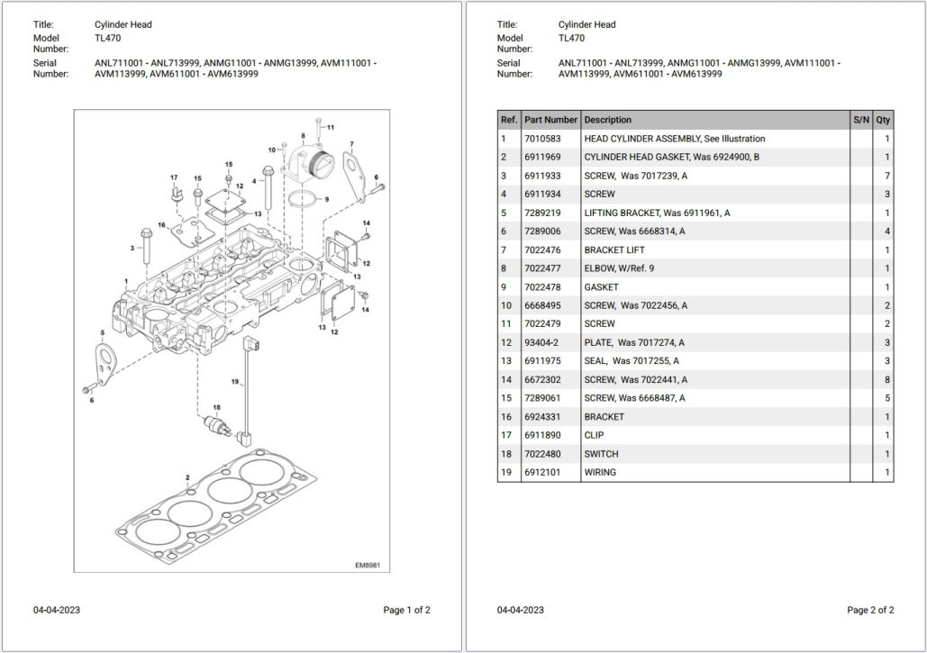Bobcat TL470 ANL711001 – AVKM613999 Parts Catalog PDF