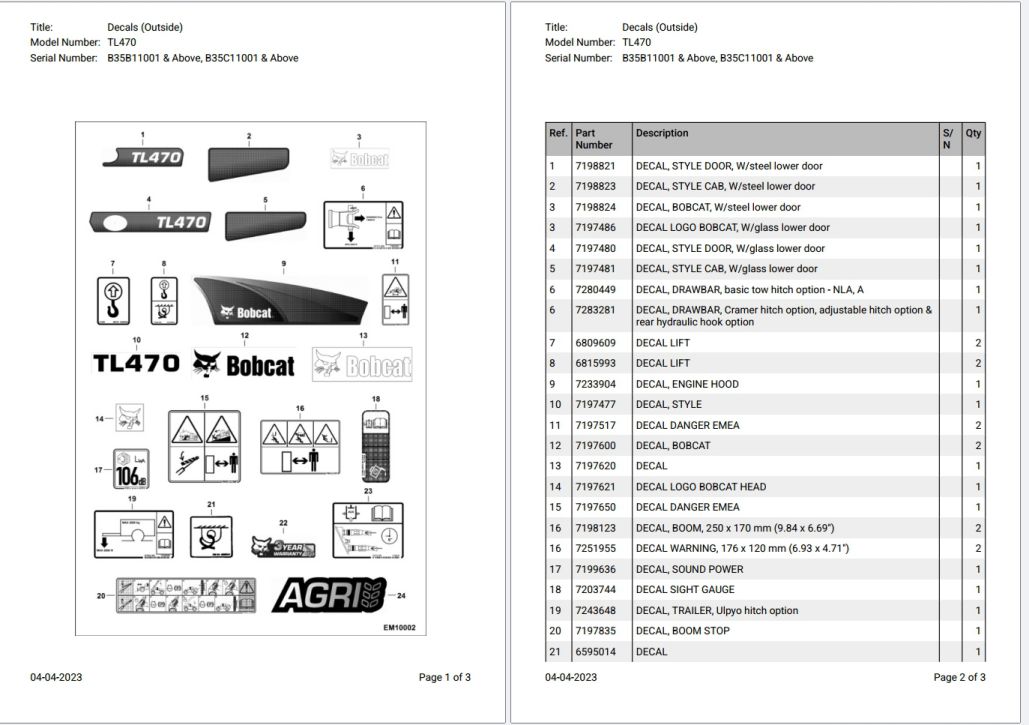 Bobcat TL470 B35B11001 & Above, B35C11001 & Above Parts Catalog PDF