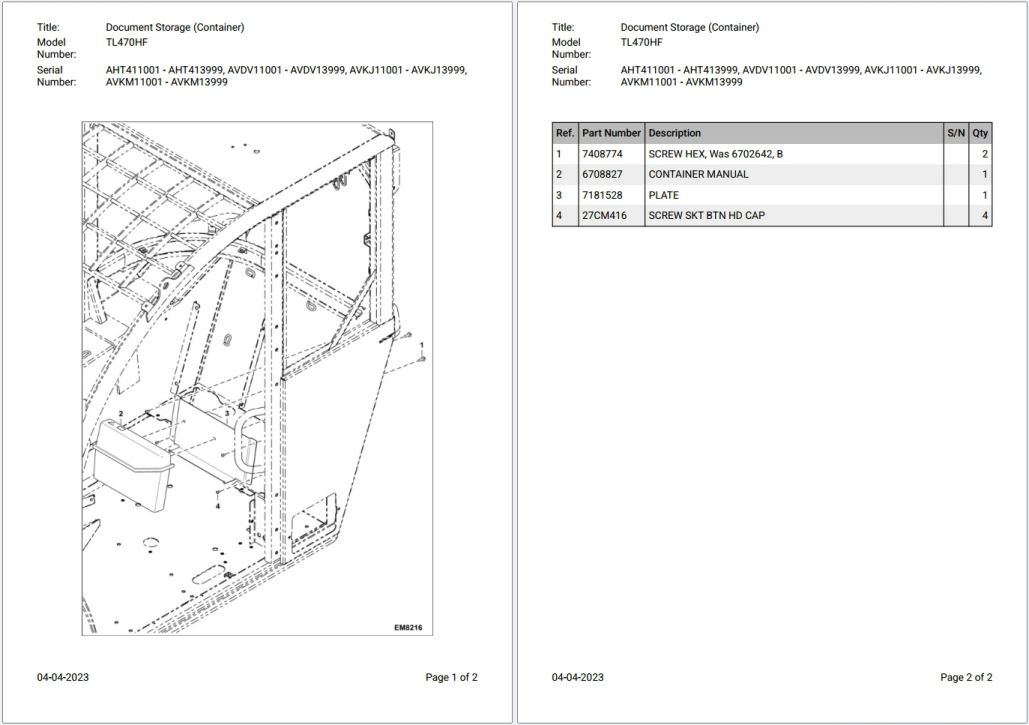 Bobcat TL470HF AHT411001 – AVKM13999 Parts Catalog PDF