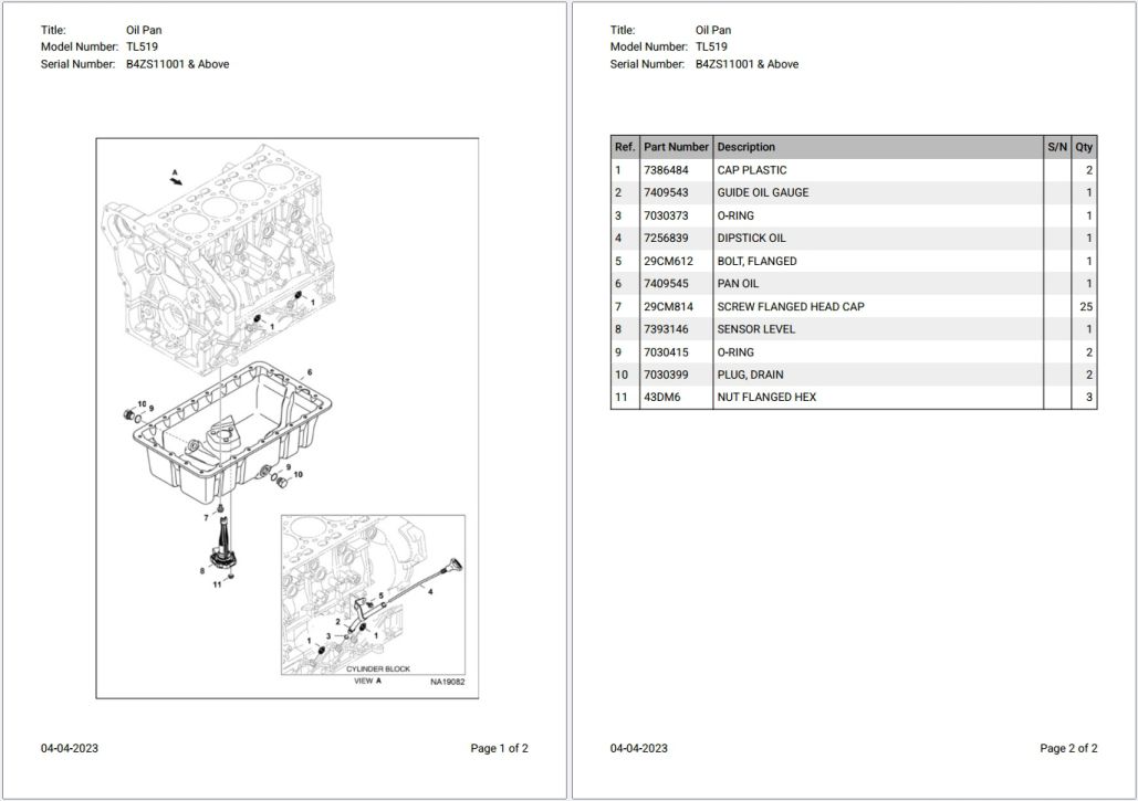 Bobcat TL519 B4ZS11001 & Above Parts Catalog PDF