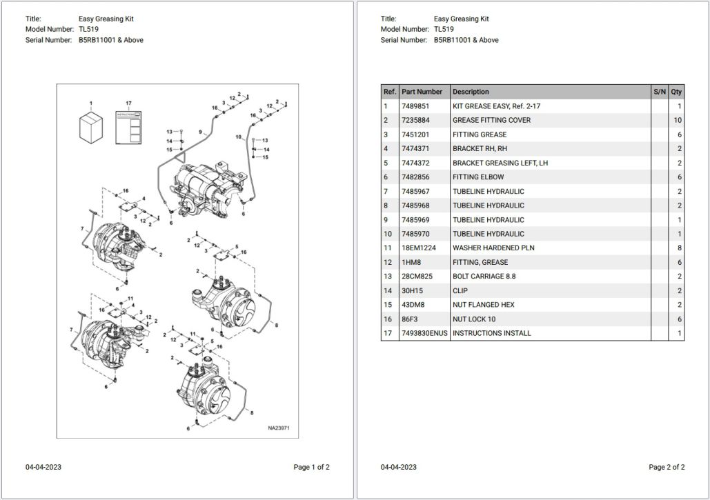 Bobcat TL519 B5RB11001 & Above Parts Catalog PDF