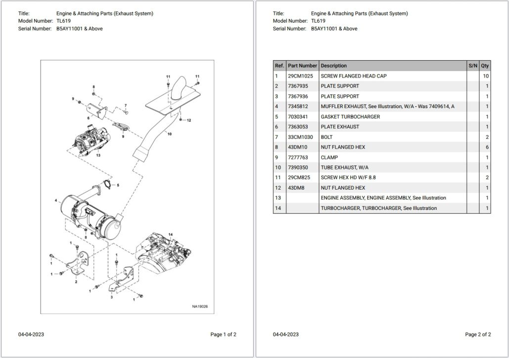 Bobcat TL619 B5AY11001 & Above Parts Catalog PDF