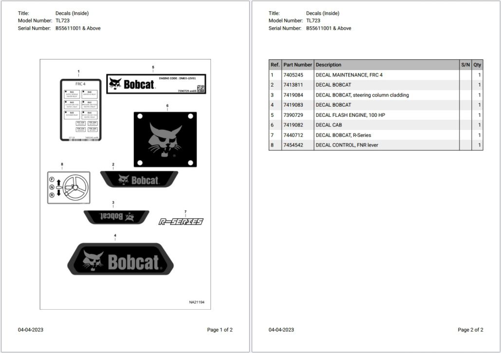 Bobcat TL723 B55611001 & Above Parts Catalog PDF