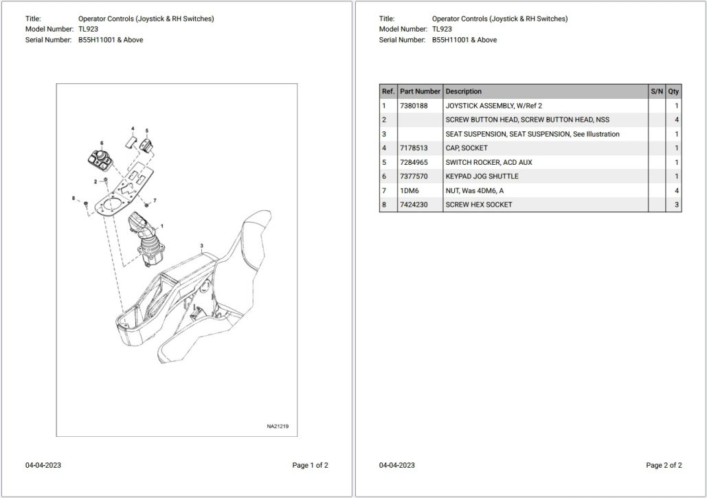 Bobcat TL923 B55H11001 & Above Parts Catalog PDF