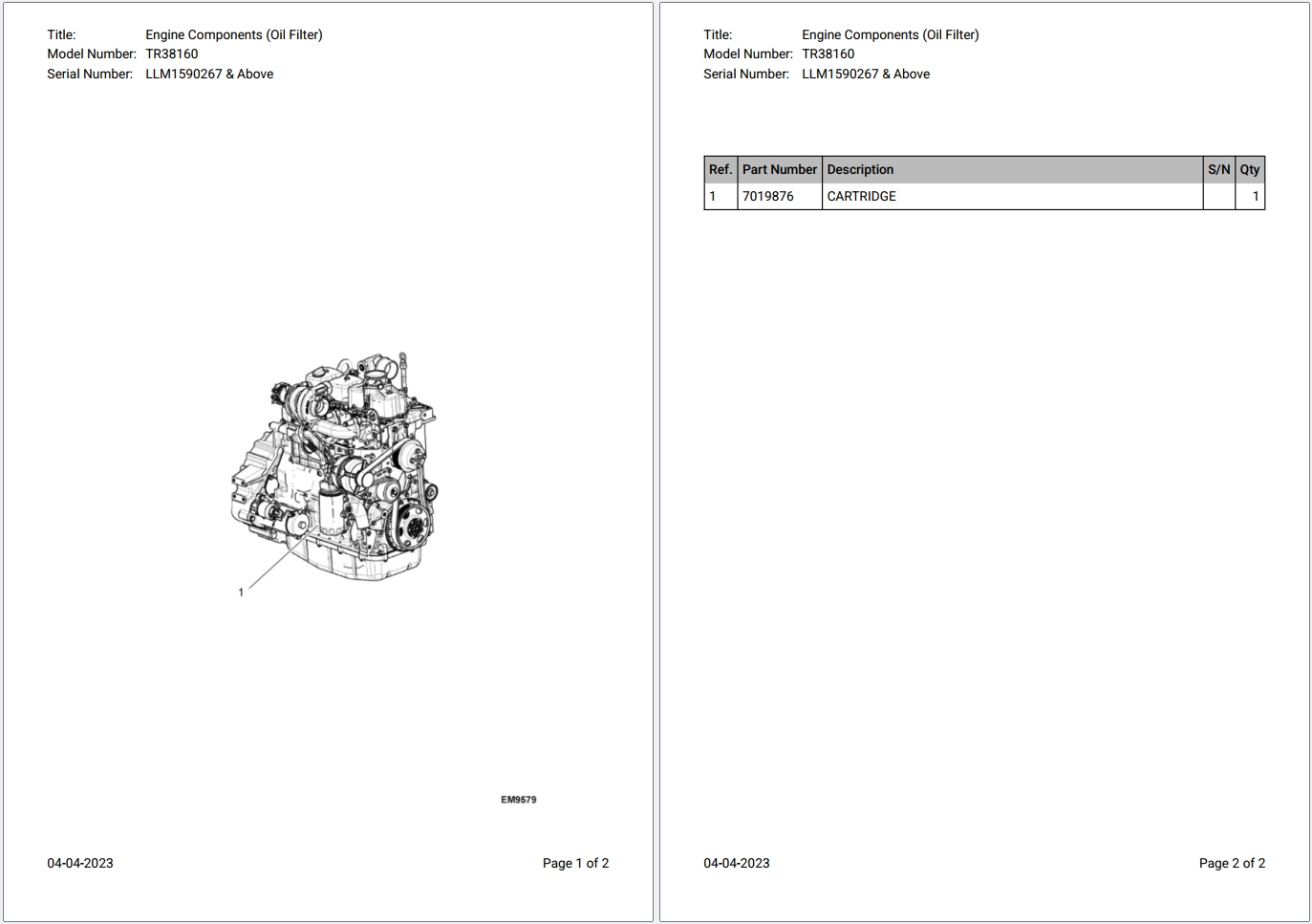 Bobcat TR38160 LLM1590267 & Above Parts Catalog PDF