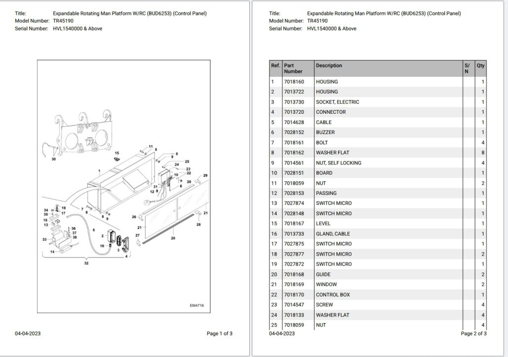 Bobcat TR45190 HVL1540000 & Above Parts Catalog PDF