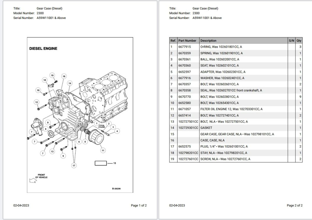 Bobcat 2300 A59W11001 & Above Parts Catalog