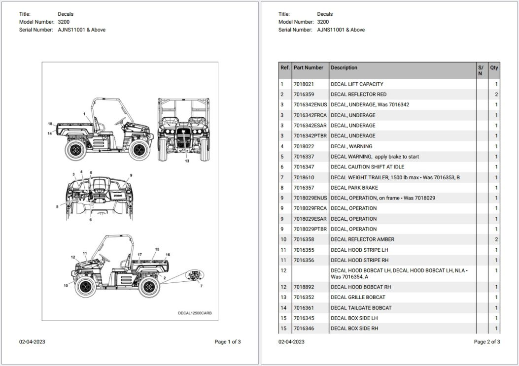 Bobcat 3200 AJNS11001 & Above Parts Catalog