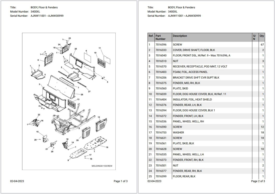 Bobcat 3400XL AJNW11001 – AJNW30999 Parts Catalog