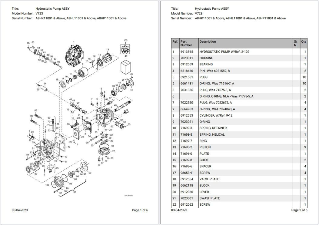Bobcat V723 A8HK11001 & Above Parts Catalog