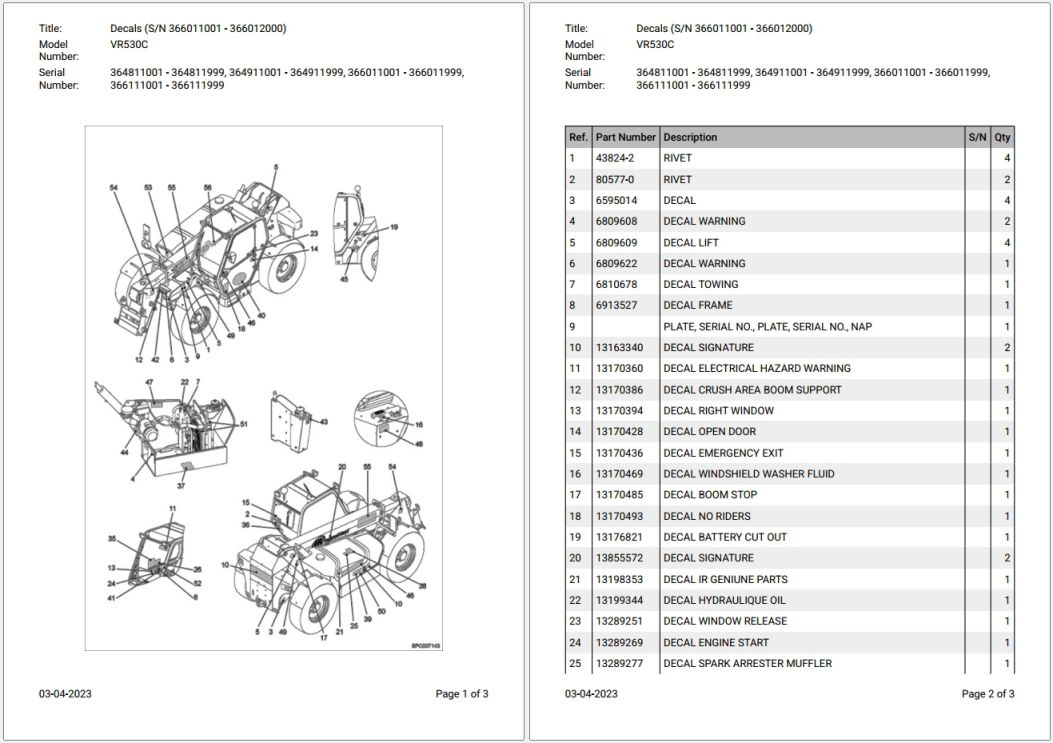 Bobcat VR530C 364811001 – 366111999 Parts Catalog