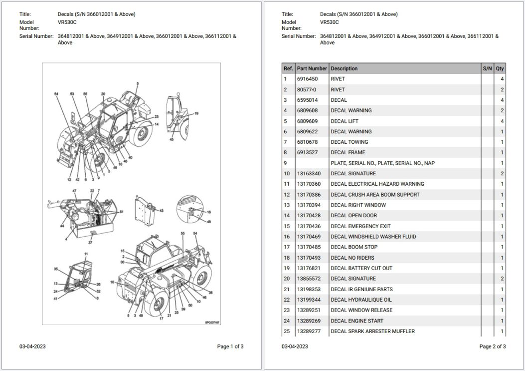 Bobcat VR530C 364812001 & Above Parts Catalog