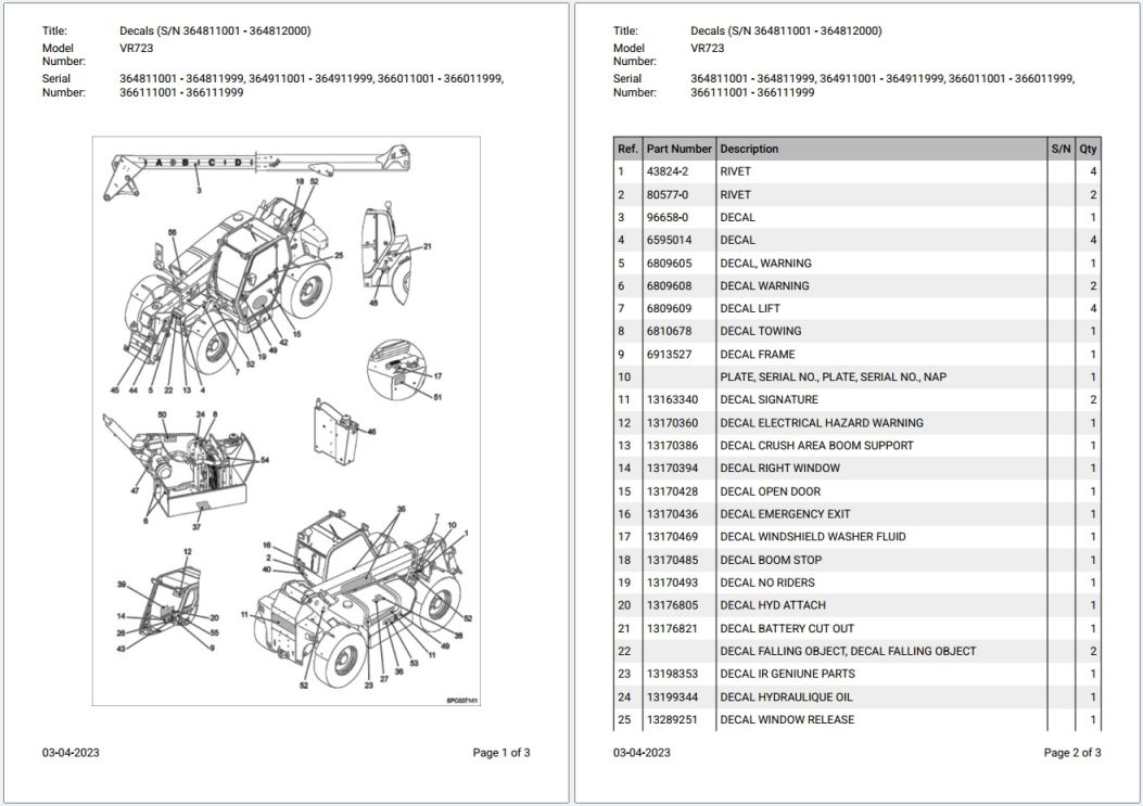 Bobcat VR723 364811001 – 366111999 Parts Catalog