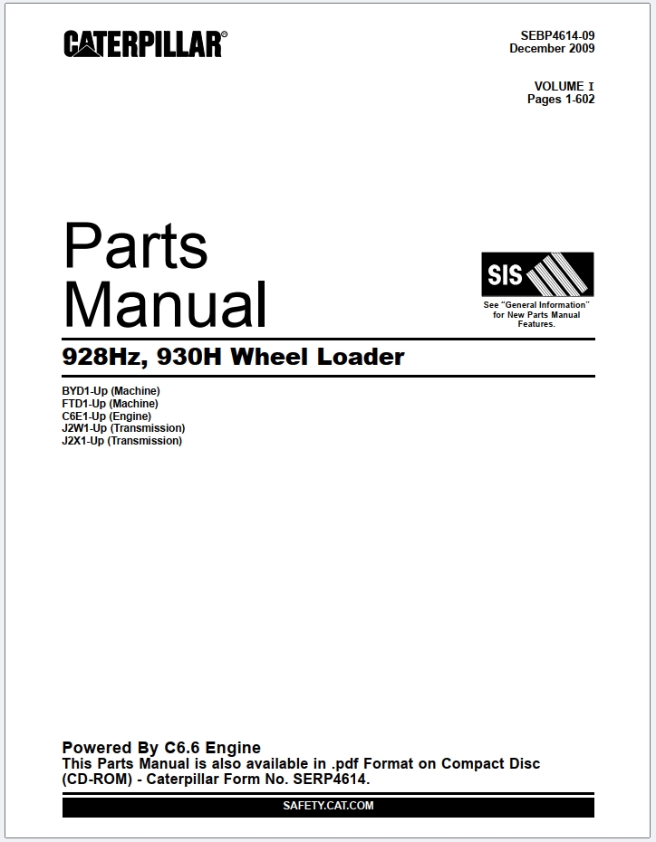 Caterpillar 928HZ 930H Wheel Loader Parts Manual SEBP4614-09