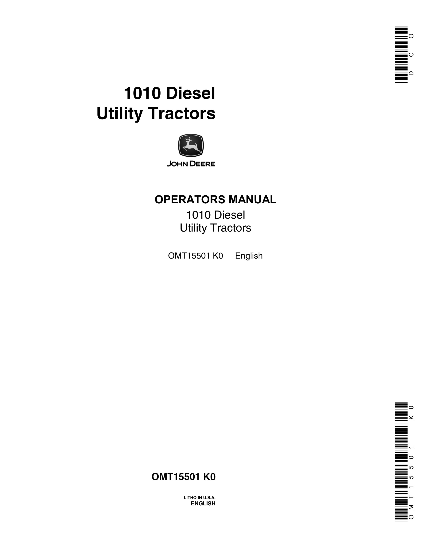 John Deere 1010 Diesel Utility Tractors Operator Manuals OMT15501-1