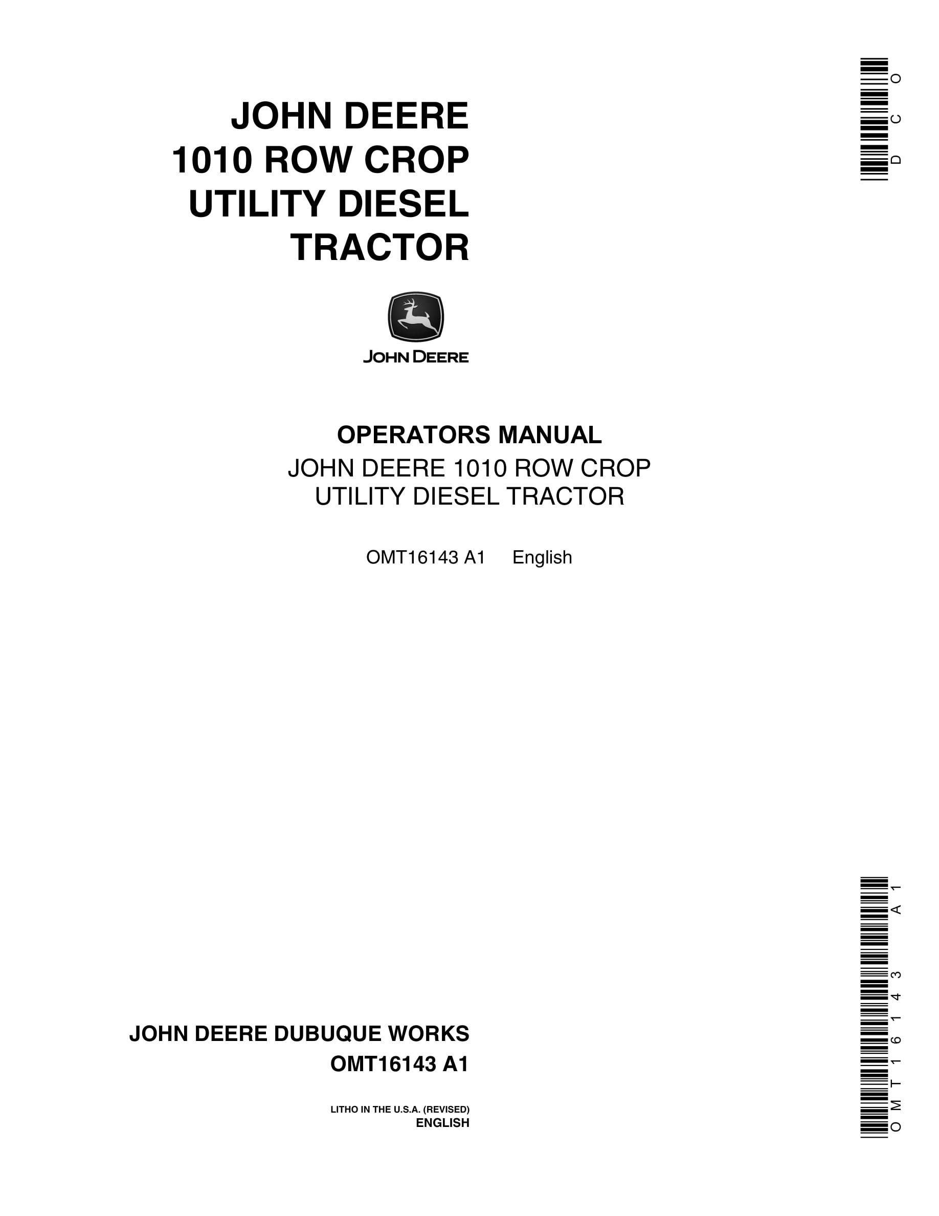 John Deere 1010 Tractor Operator Manual OMT16143-1