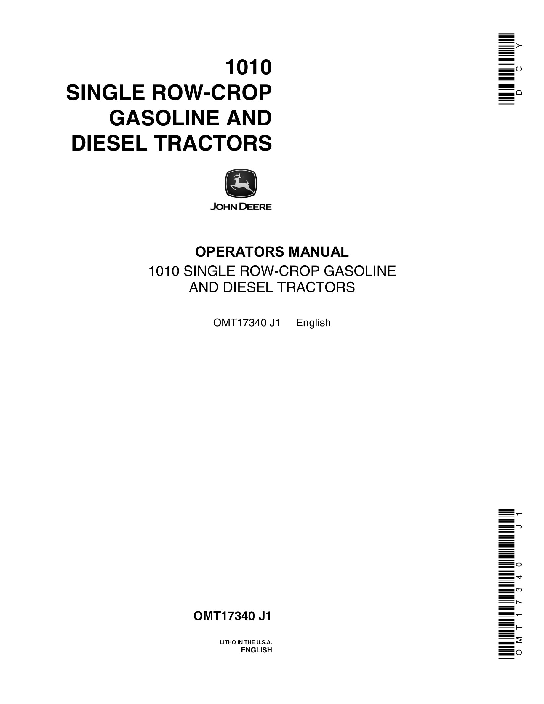 John Deere 1010 Tractor Operator Manual OMT17340-1