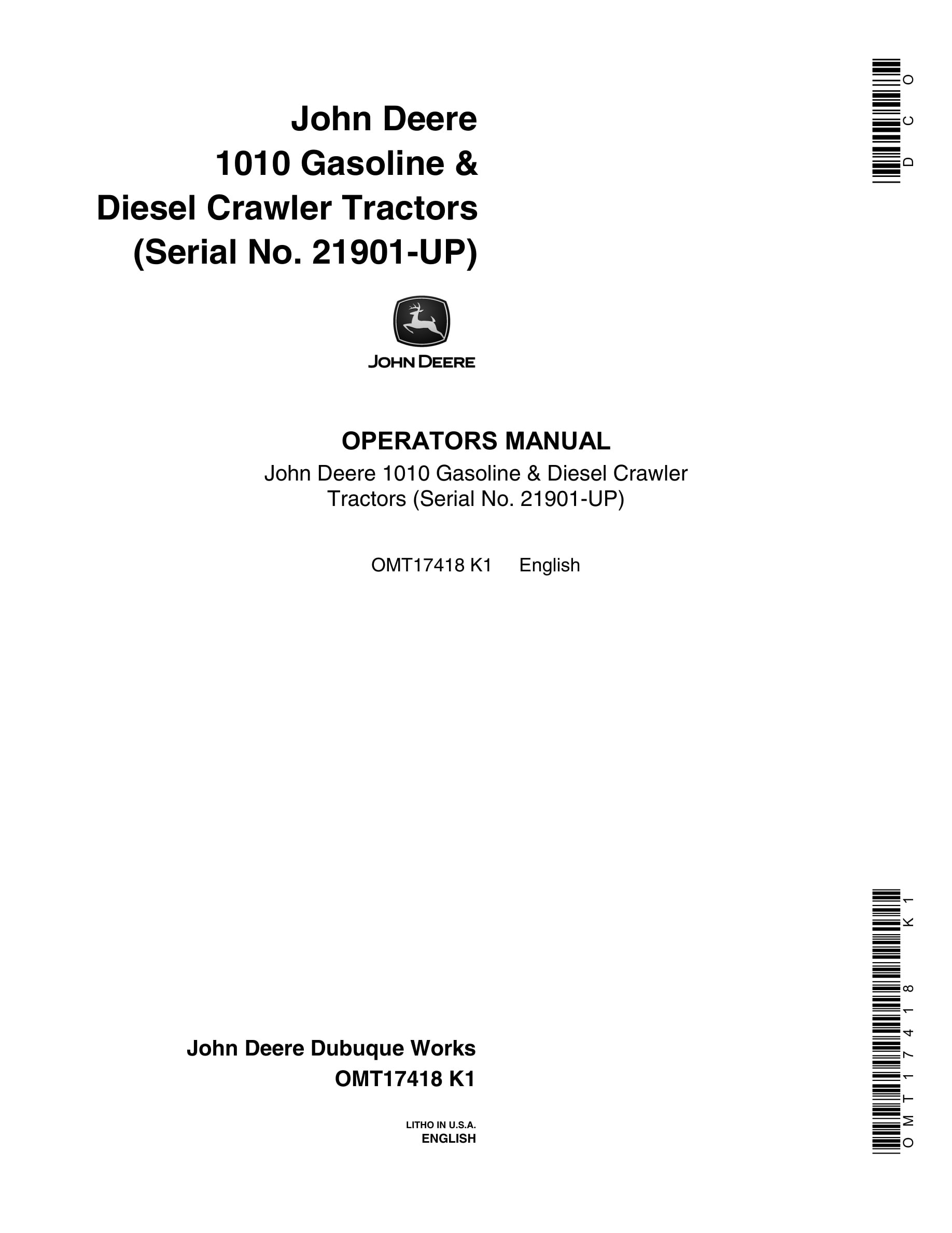 John Deere 1010 Tractor Operator Manual OMT17418-1