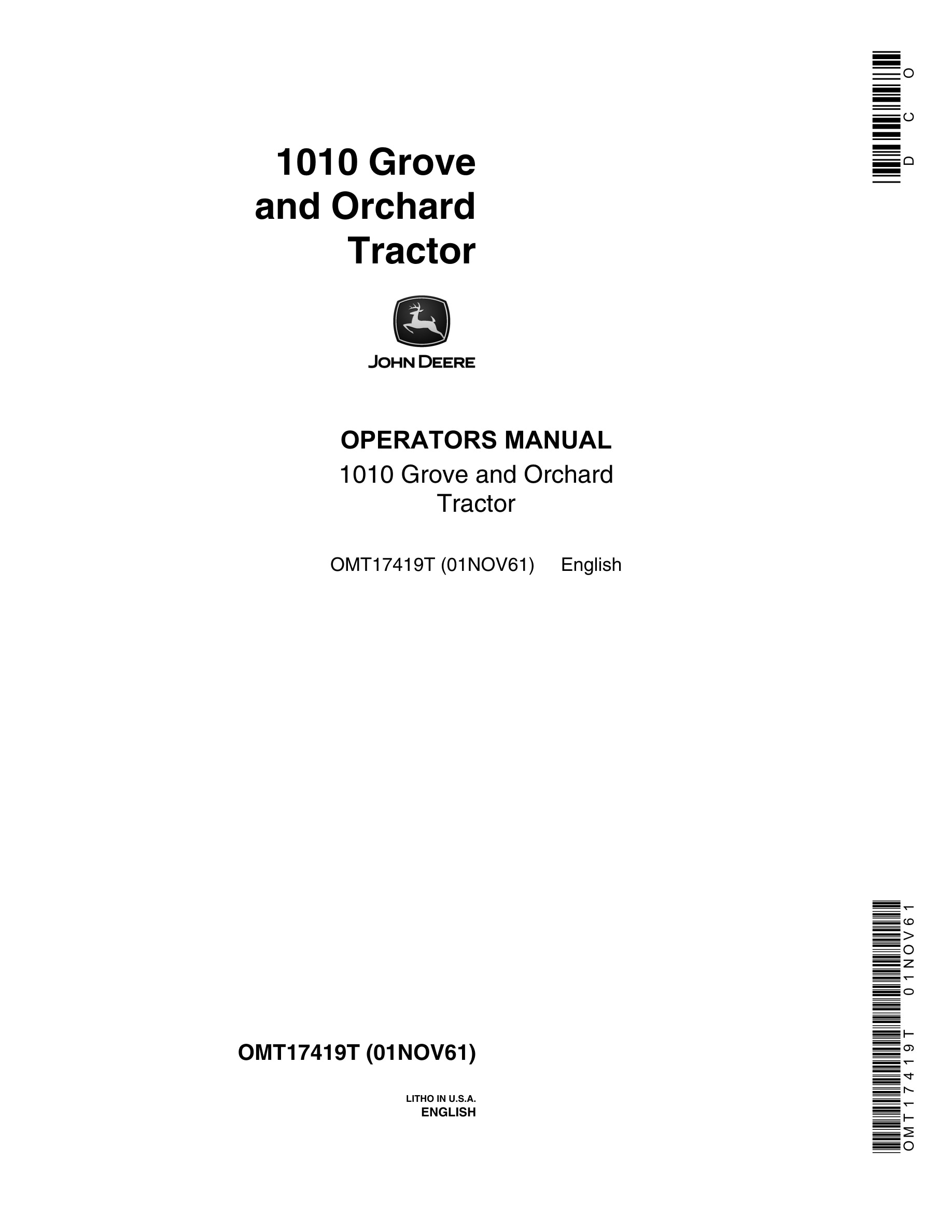 John Deere 1010 Tractor Operator Manual OMT17419T-1