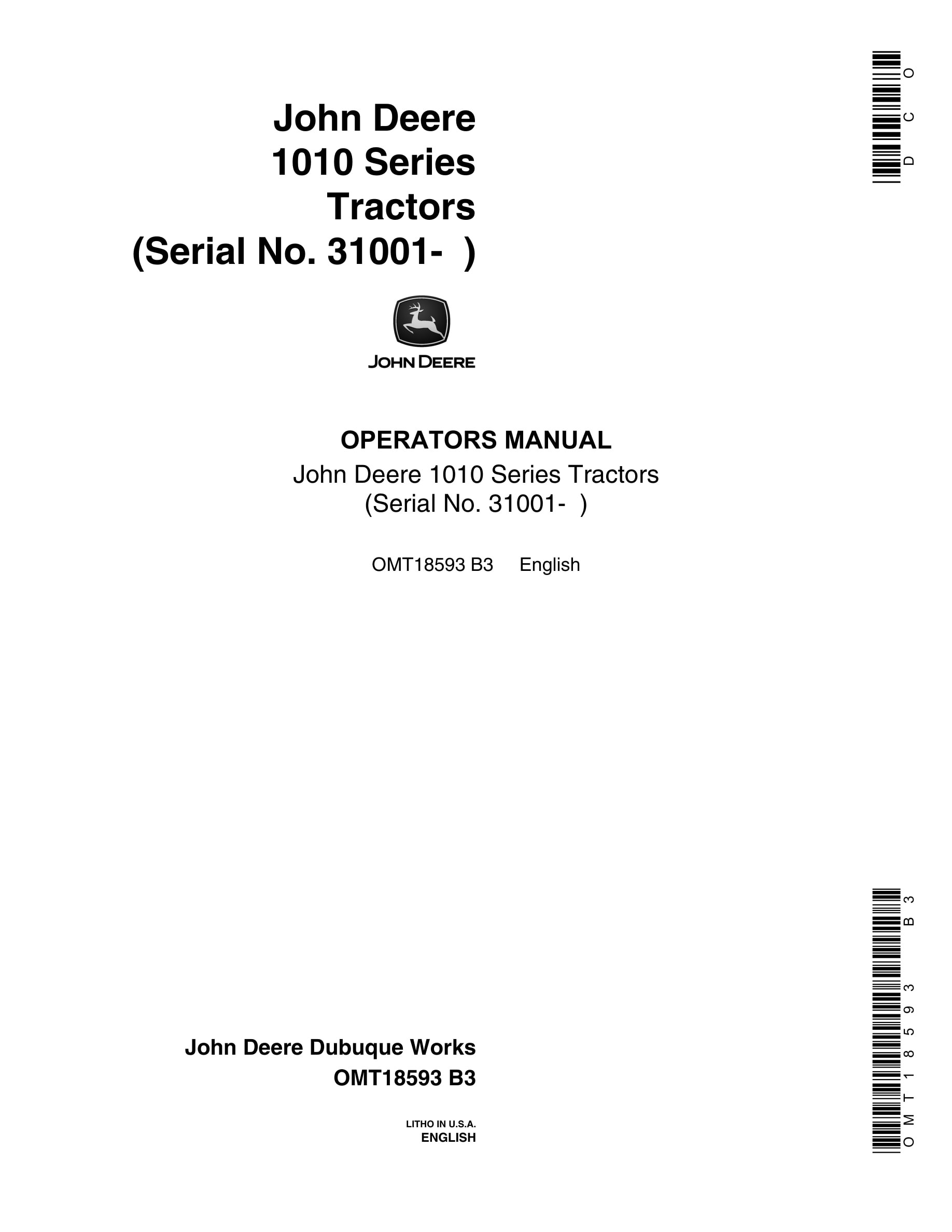 John Deere 1010 Tractor Operator Manual OMT18593-1