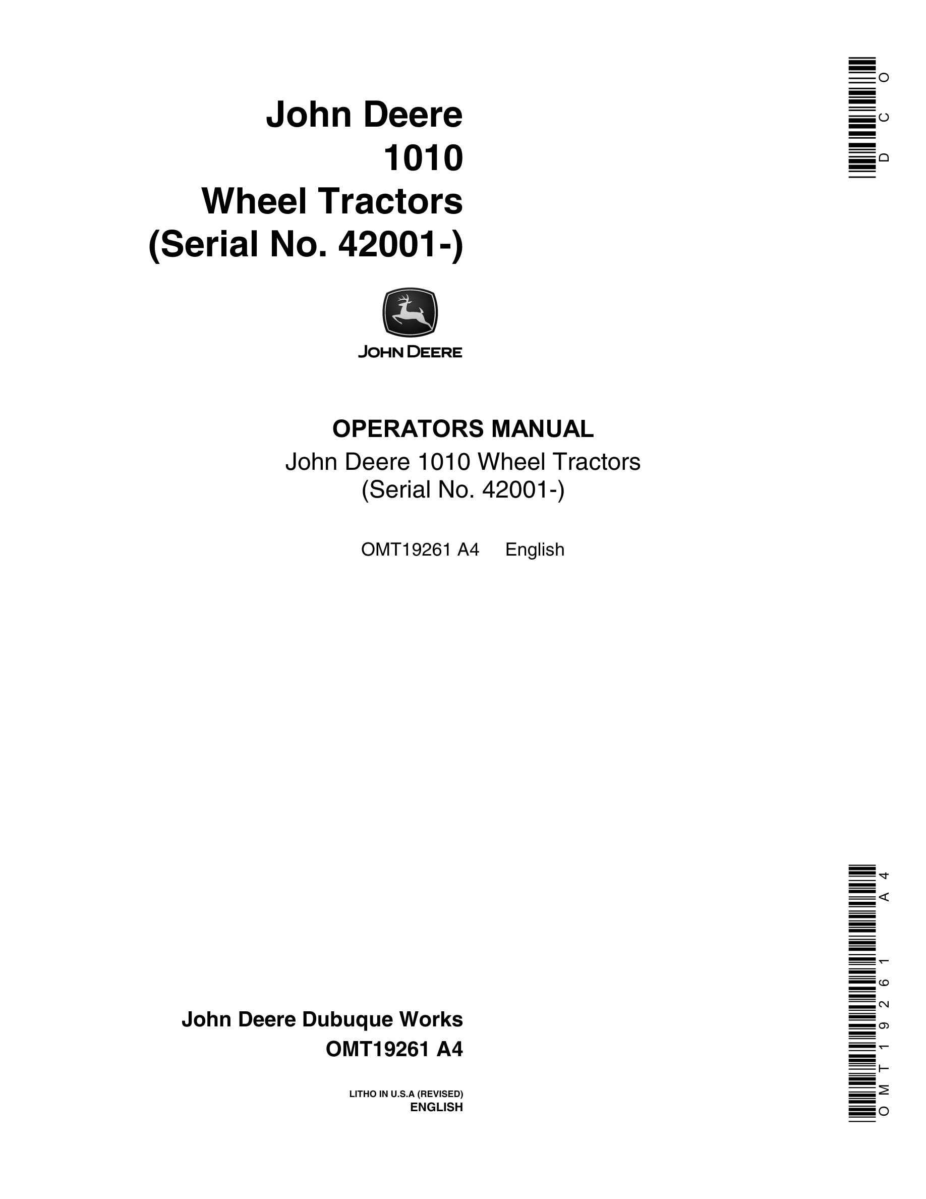 John Deere 1010 Tractor Operator Manual OMT19261-1