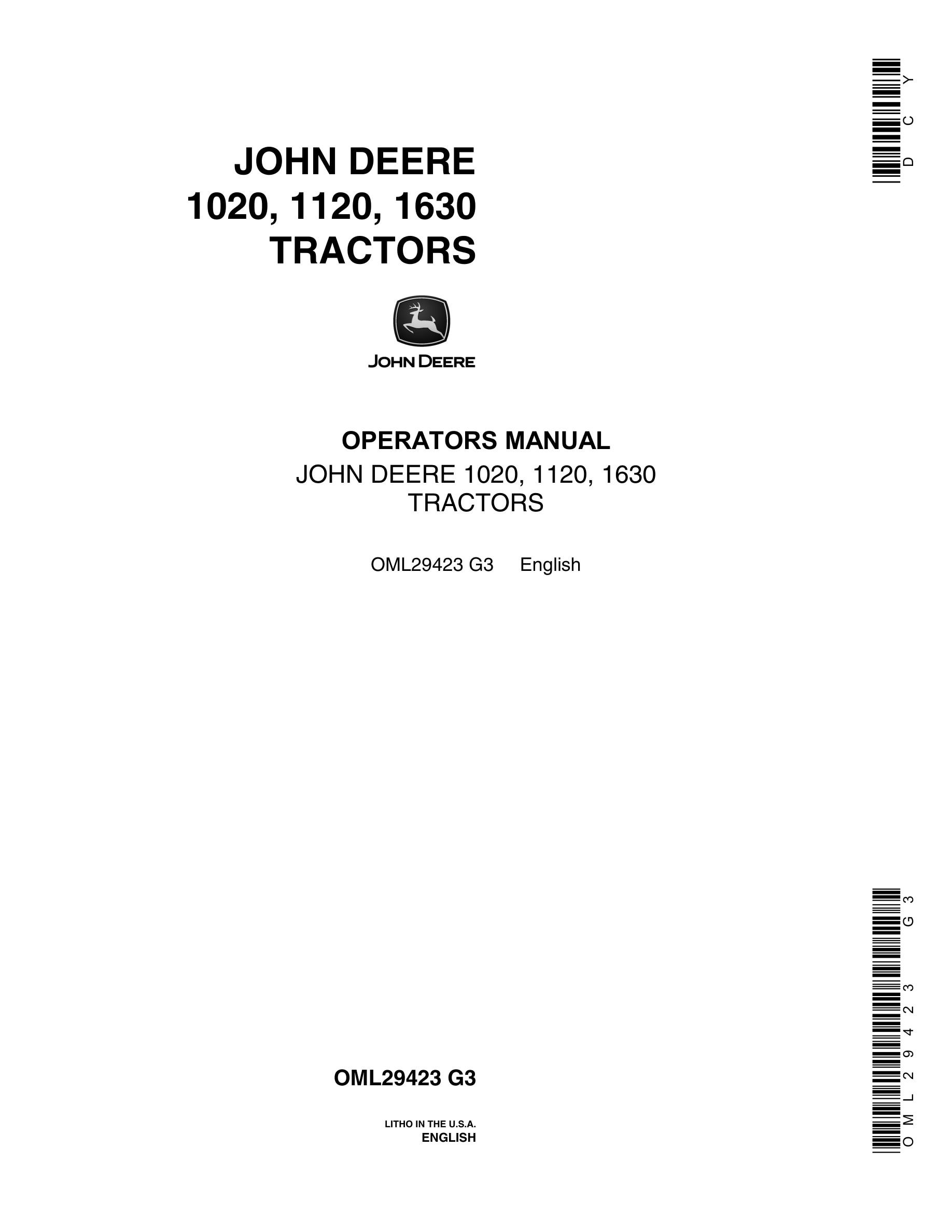 John Deere 1020, 1120, 1630 Tractors Operator Manuals OML29423-1