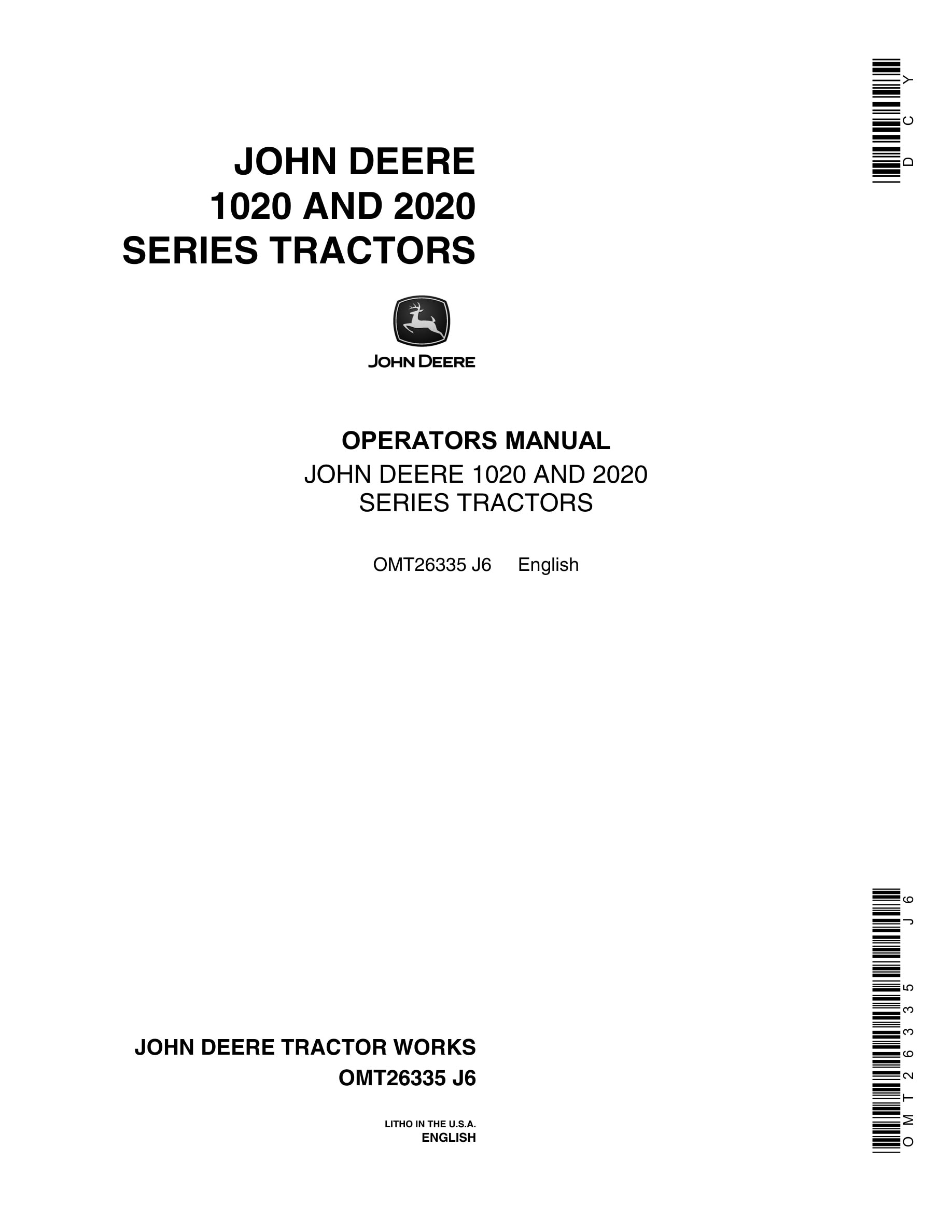 John Deere 1020 AND 2020 Tractor Operator Manual OMT26335-1