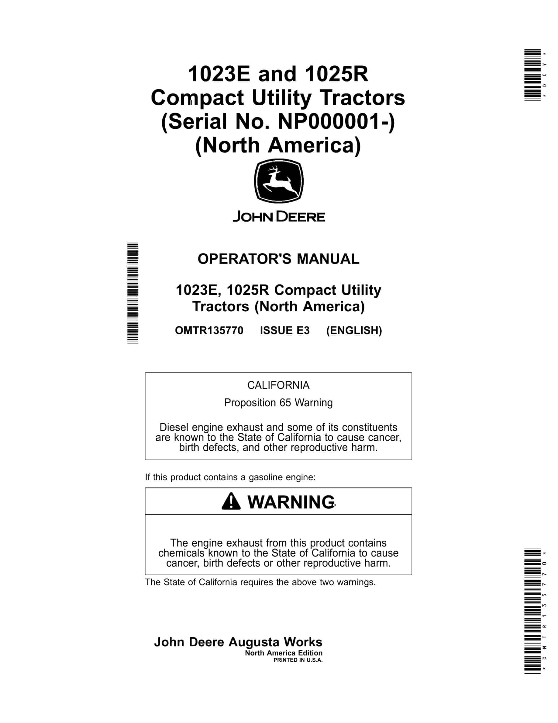 John Deere 1023e, 1025r Compact Utility Tractors Operator Manuals OMTR135770-1