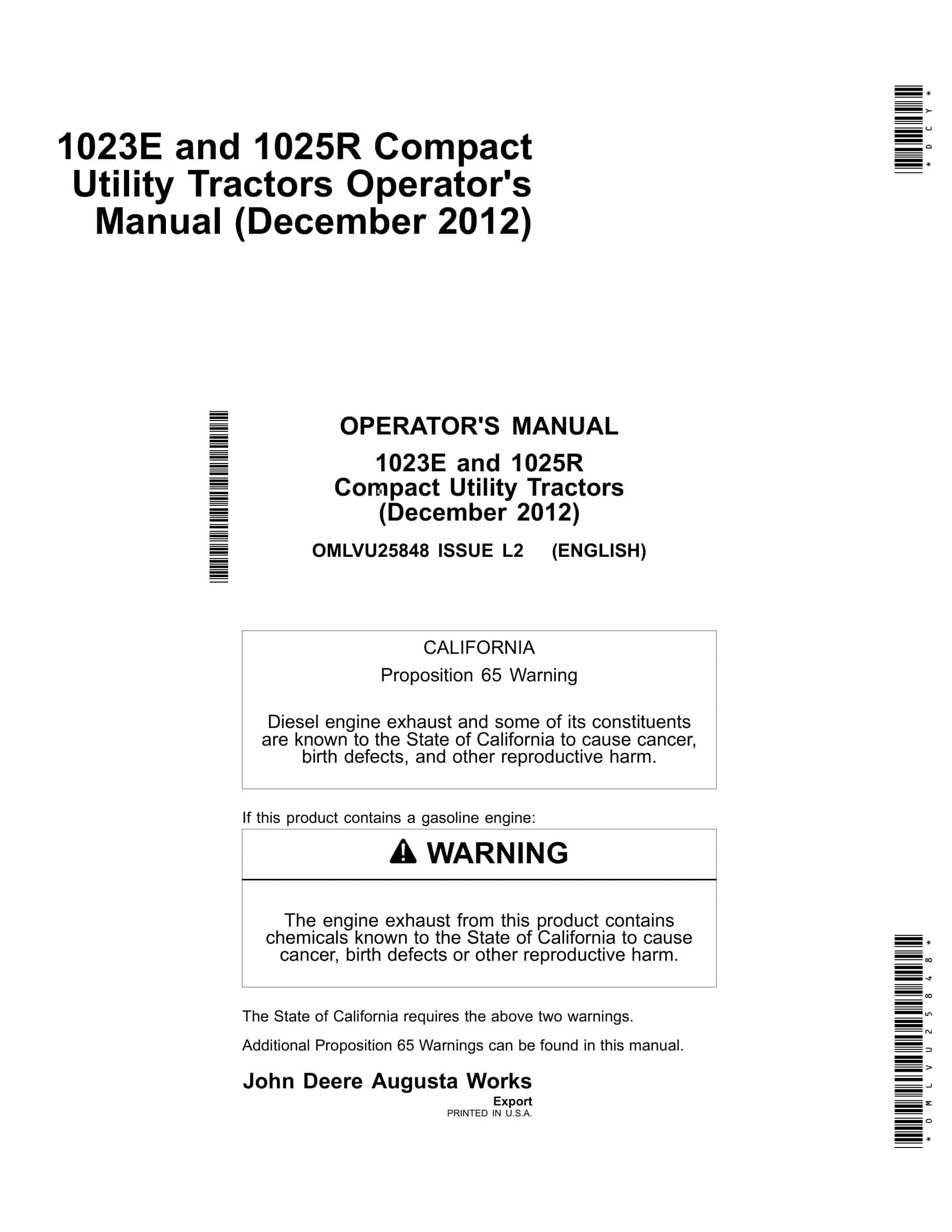 John Deere 1023e And 1025r Compact Utility Tractors Operator Manuals OMLVU25848-1