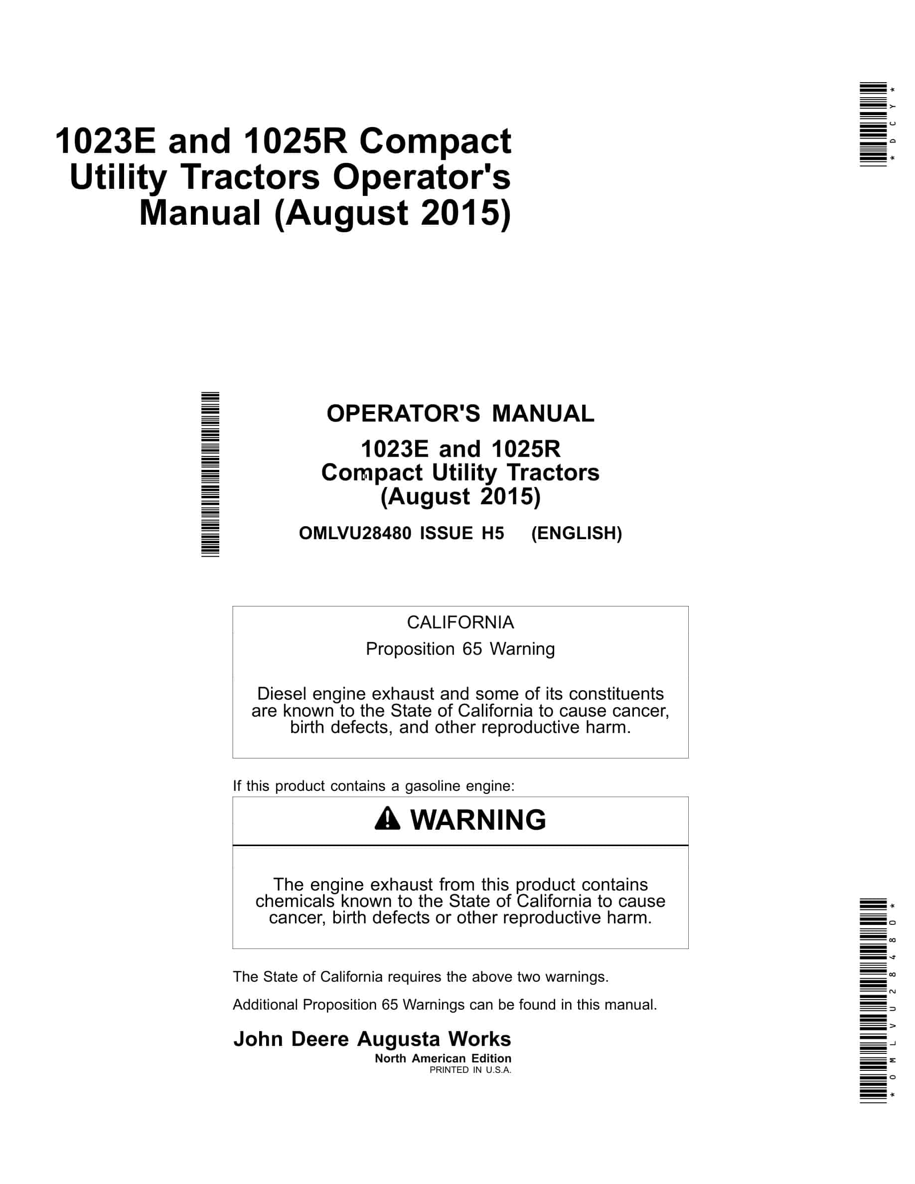 John Deere 1023e And 1025r Compact Utility Tractors Operator Manuals OMLVU28480-1