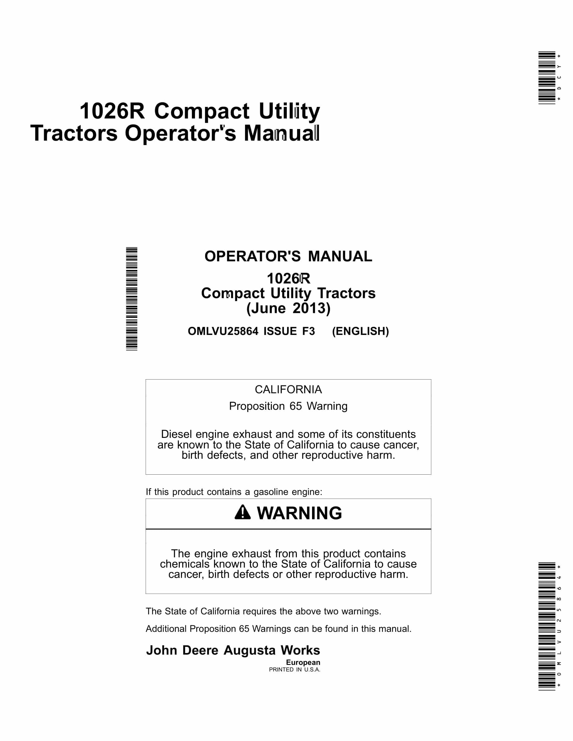 John Deere 1026r Compact Utility Tractors Operator Manuals OMLVU25864-1