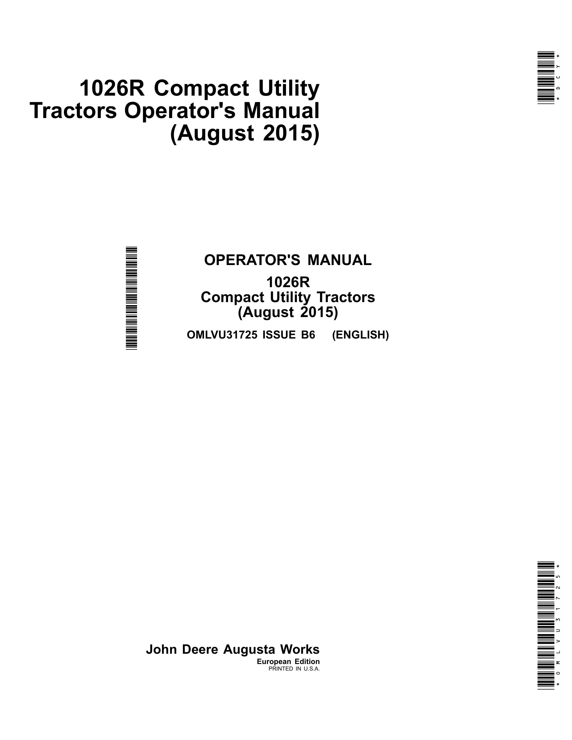 John Deere 1026r Compact Utility Tractors Operator Manuals OMLVU31725-1